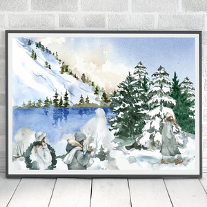 Impresión de cabaña vintage, paisaje del lago de invierno, país de las maravillas navideñas, imprimibles de arte de pared, regalo de decoración del hogar, bosque de pinos nevados para niñas caminantes