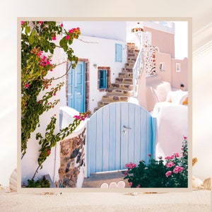 Affiche photographique de Santorin, Grèce, chemin de fleurs roses à Oia, impressions d'art mural, imprimés paysage mer bleu marine, décoration d'intérieur, cadeau d'été