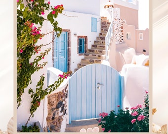 Santorini Print, Oia Pink Flowers, Blue Door, Greek Island View (Digital Download)