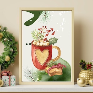 Imprimibles clásicos de carteles de Navidad, Impresión de arte de pared de noche de invierno, Cacao cálido, Regalo de decoración del hogar de Navidad, Tarjeta de Navidad, País de las maravillas de invierno