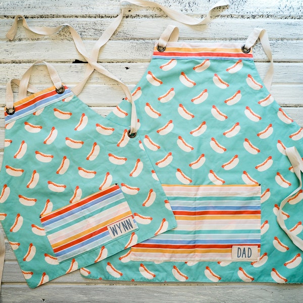 Hot Dog  | Cross Back Apron | Adult & Child Sizes | Handmade, Matching, Personalized Apron | Father's Day, Daddy and Me Gift