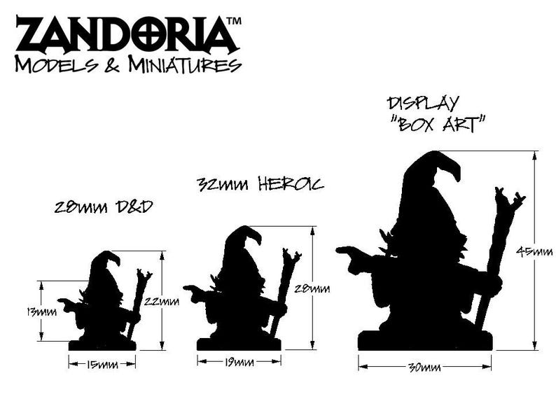 Pu&ograve; includere: Tre figure in silhouette nera di una creatura fantastica che tiene un bastone. Le figure sono etichettate con le loro dimensioni: 20 mm D&D, 32 mm Heroic e 45 mm Display "Box Art".