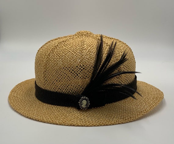 Straw Hat With Black Band and Feather 