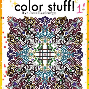 May include: A colorful mandala design with intricate patterns and geometric shapes. The design is in shades of red, blue, green, yellow, and purple. The title "color stuff! 1" is at the top of the image.