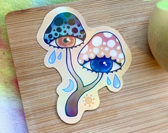 Psychedelic Eye Mushroom sticker | sun and moon groovy 70s aesthetic art | holographic glossy sticker