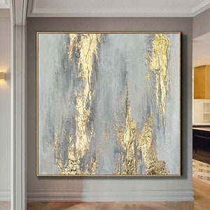 Original Abstract Painting On Canvas Gold Leaf Art White Gold Textured Artwork Beige And Gold Wall Art Blue Painting Contemporary Paintings