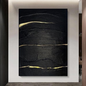 Black and Gold Textured Abstract Canvas Artwork – Extra Large Original Handmade Painting, Minimalist Wall Art with Gold Leaf Accents