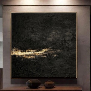 Extra Large Black and Gold Painting – Original  Black Canvas Art with Gold Accent , Textured Abstract Wall Art for Contemporary Interiors