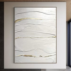 White and Gold Abstract Canvas Painting – Extra Large Original Textured Artwork, Handmade Contemporary Wall Art for Living Room