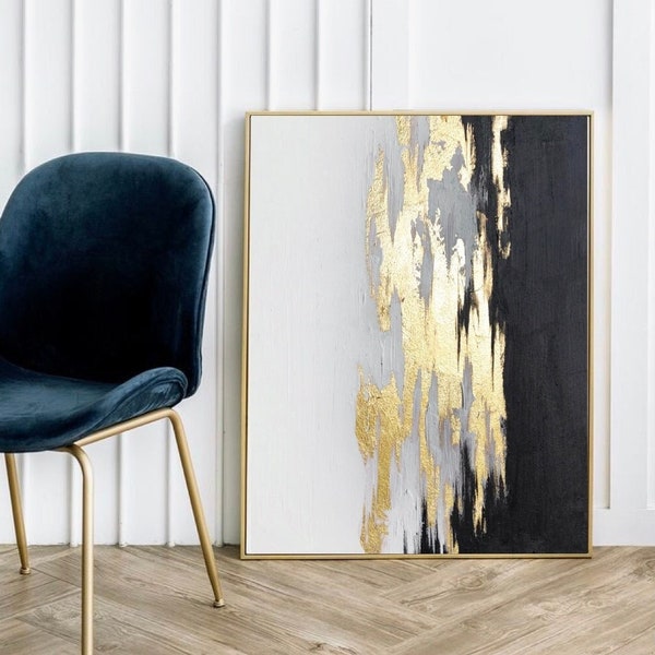 Black Gold White Original Abstract Painting On Canvas Gold Leaf Canvas Art Gold Painting Black And White Painting Luxyry White Gold Wall Art