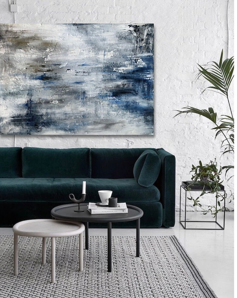 Abstract Wall Art Blue White Painting on Canvas Acrylic Etsy