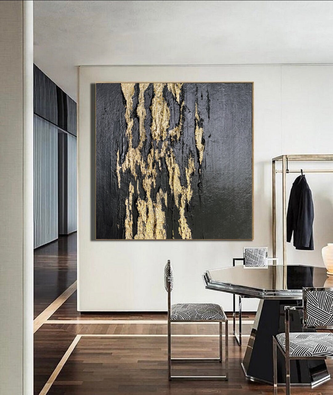 Large Black and Gold Abstract Painting on Canvas Gold Leaf Art Black ...