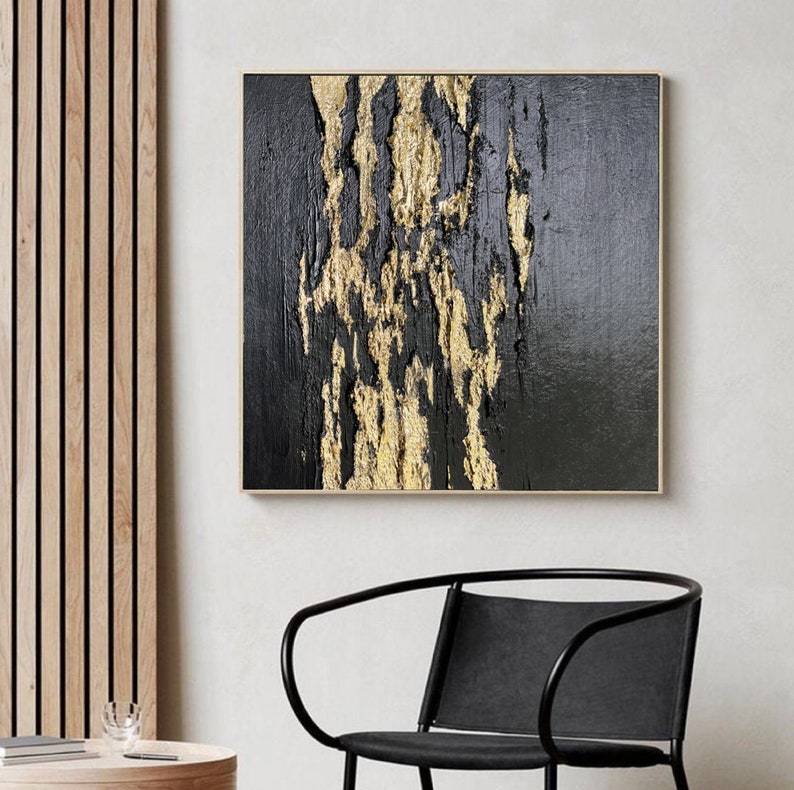 Large Black and Gold Abstract Painting on Canvas Gold Leaf Art Black ...