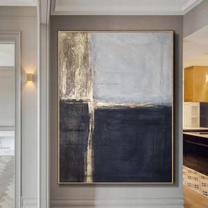 Contemporary Original Abstract Painting on Canvas – Luxury Gold Leaf Wall Art, Black and  Beige Art with Gold Accents for Living Room