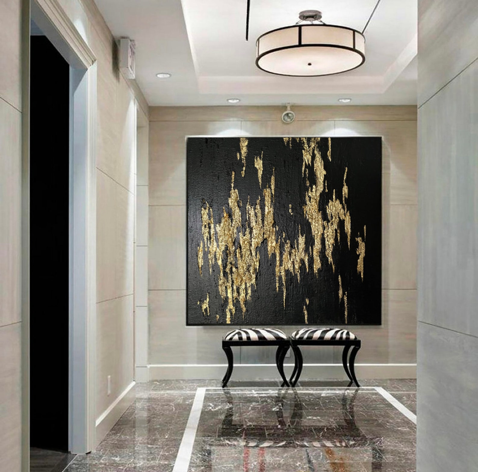 Extra Large Black Gold Painting Original Canvas Art Very Black Painting