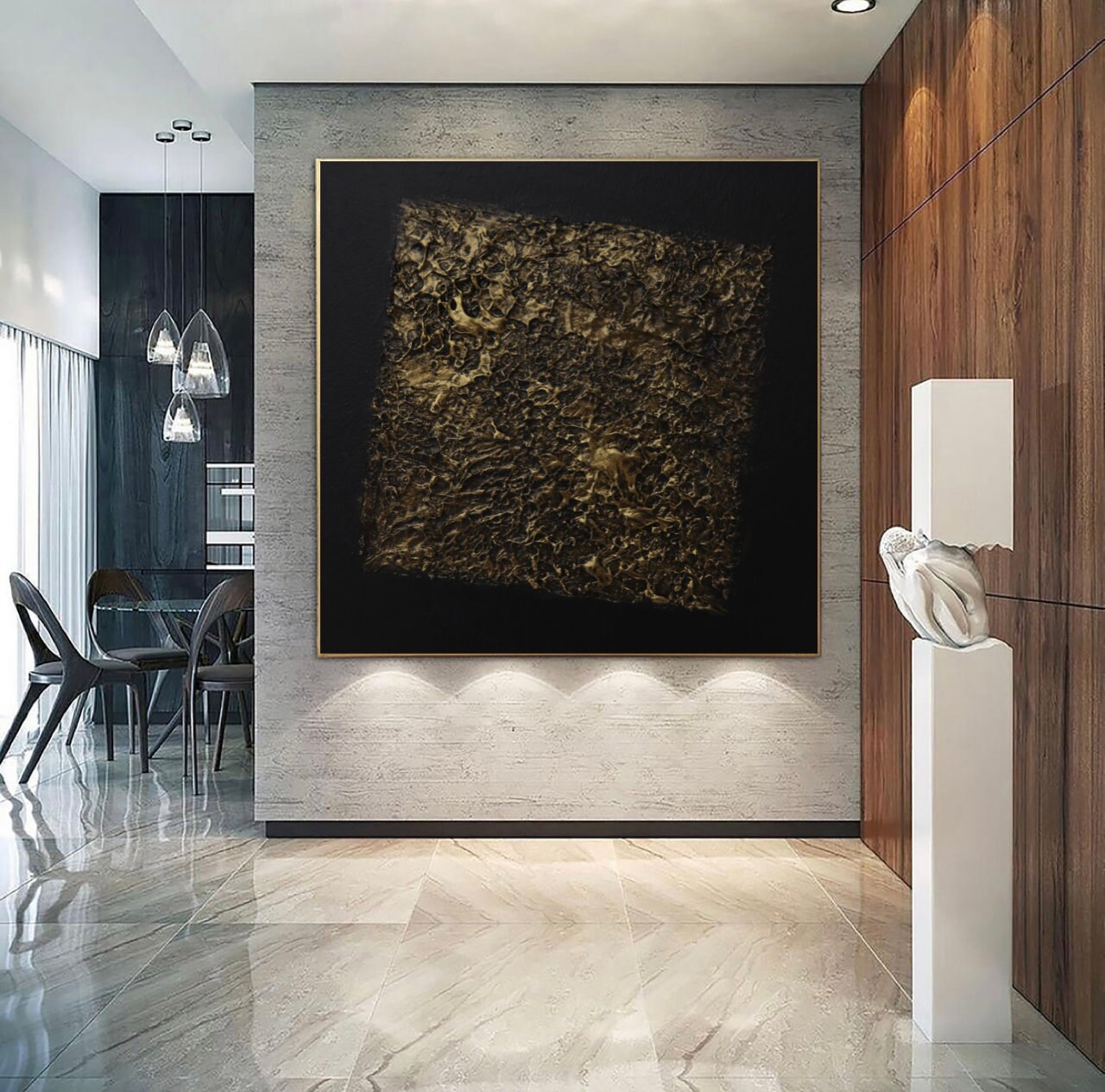 Extra Large Textured Black Gold Painting Original Very Black Painting