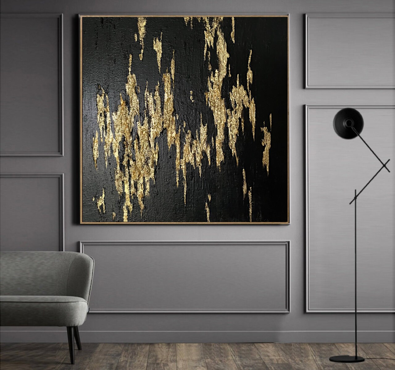 Extra Large Black Gold Painting Original Canvas Art Very Black Painting