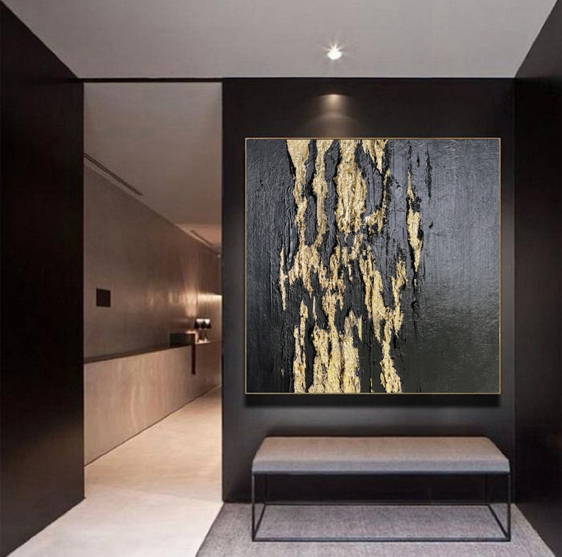 Large Black and Gold Abstract Painting on Canvas Gold Leaf Art Black ...