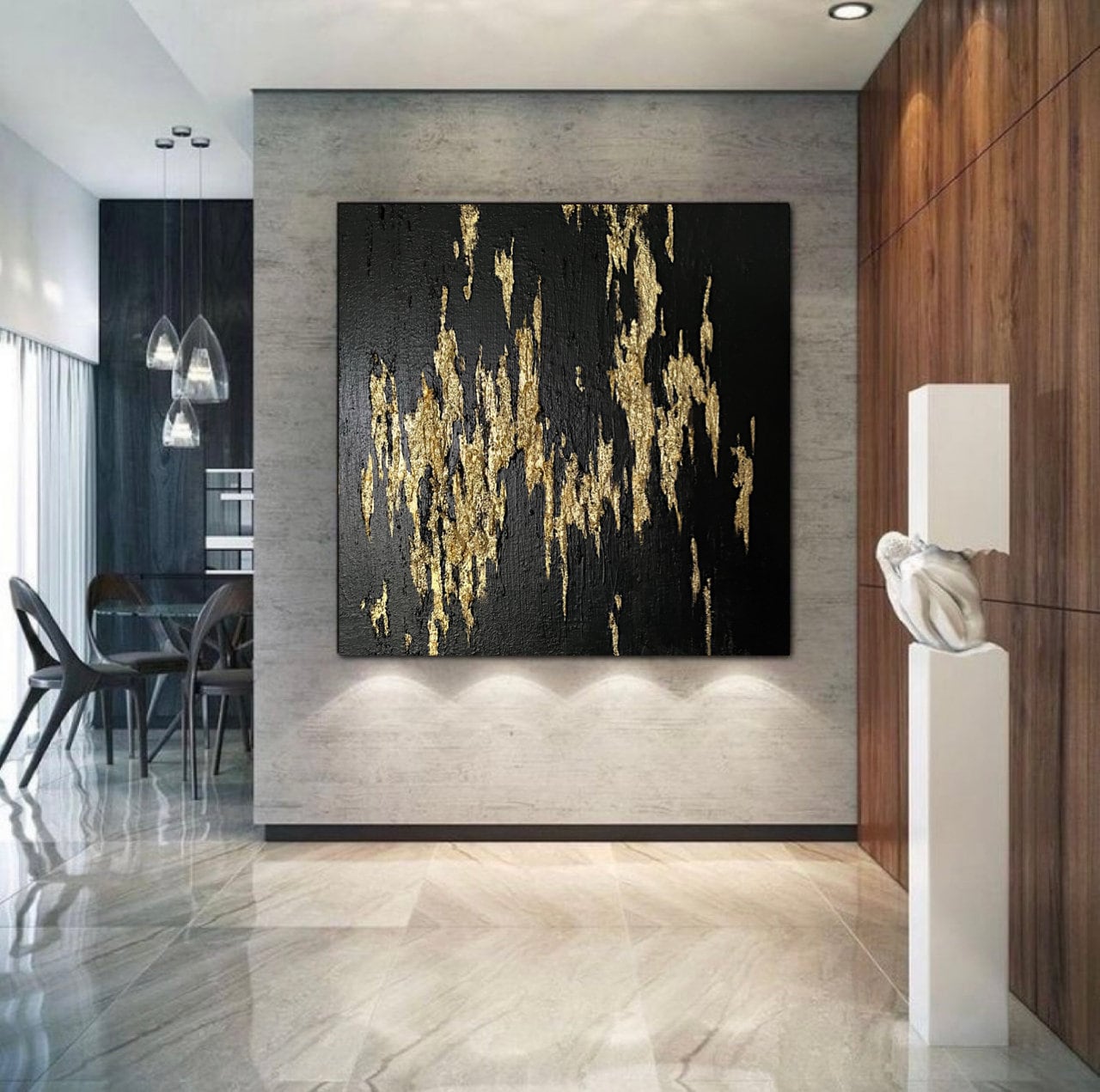 Extra Large Black Gold Painting Original Canvas Art Very Black Painting
