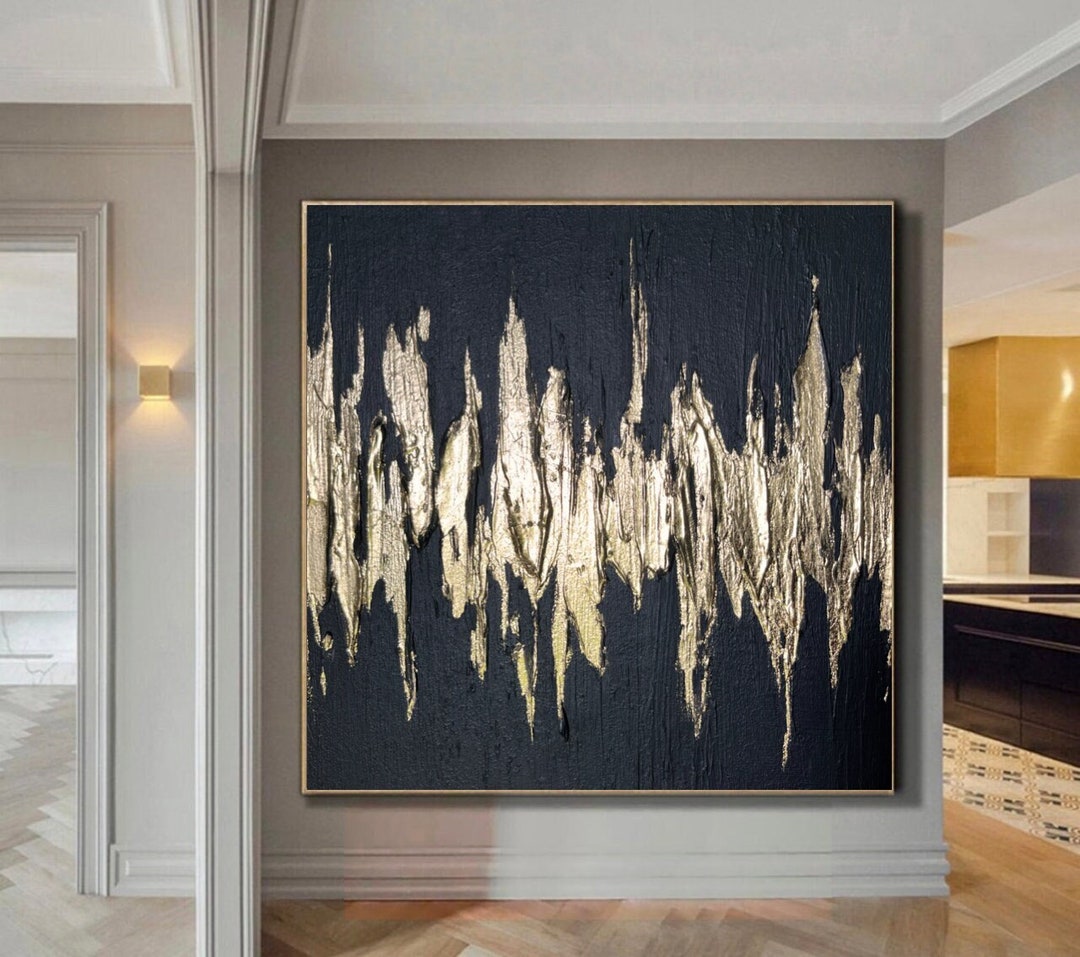 Extra Large Black Abstract Painting in Canvas Original Gold Leaf Art ...