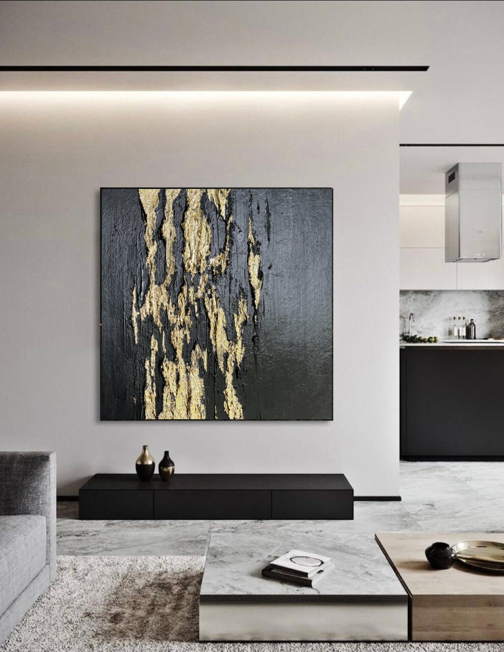 Large Black and Gold Abstract Painting on Canvas Gold Leaf Art Black ...