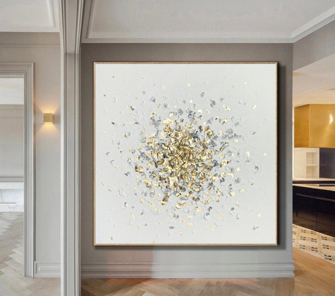 Gold Abstract Painting on Canvas Extra Large Wall Art White and Gold ...