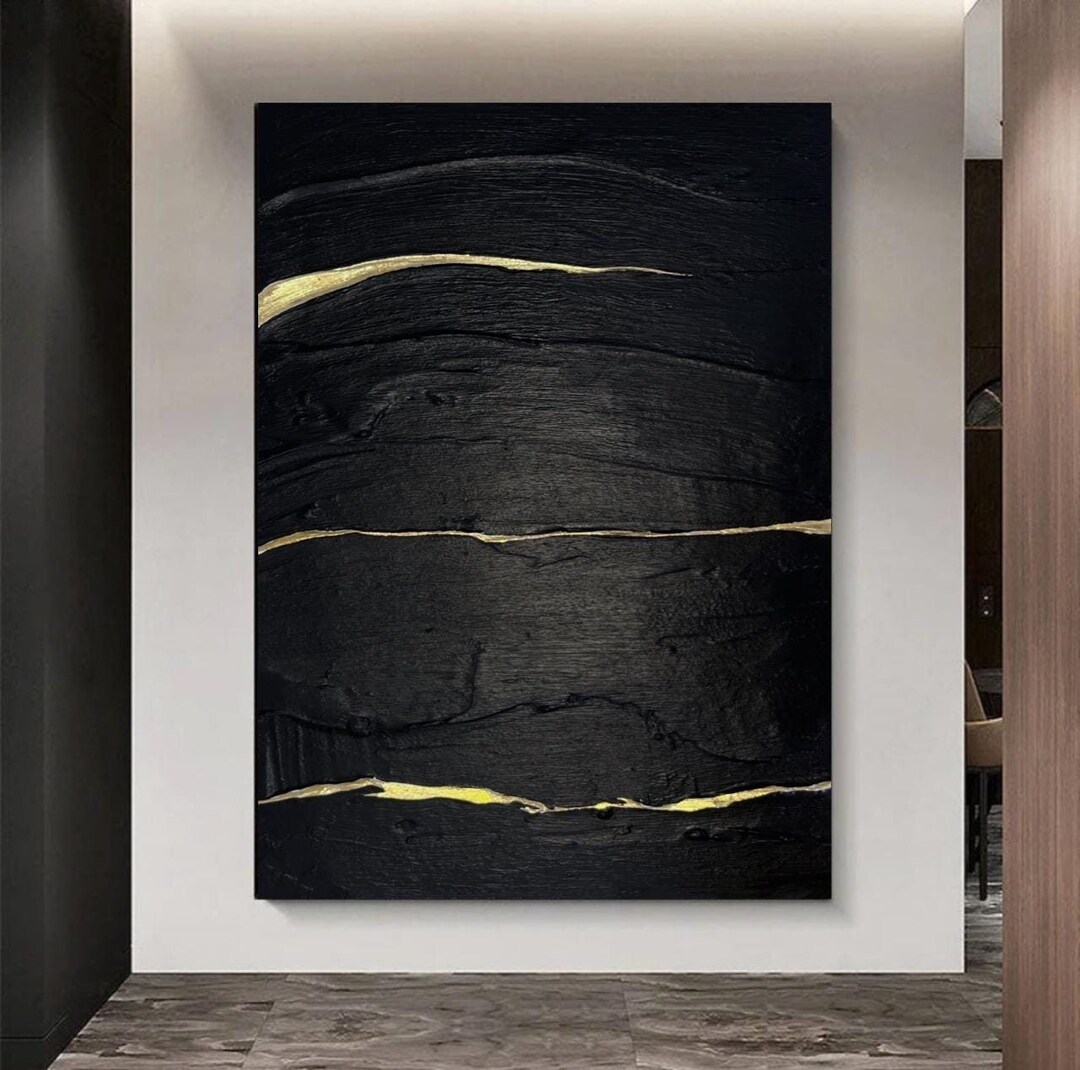 Original Textured Artwork Black and Gold Handmade Abstract Painting on ...