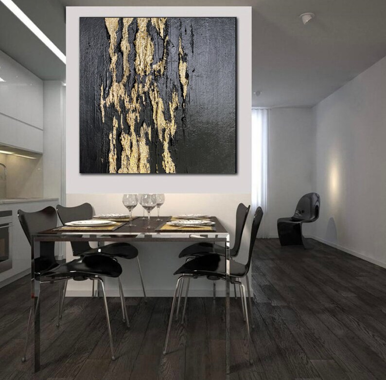 Large Black and Gold Abstract Painting on Canvas Gold Leaf Art Black ...