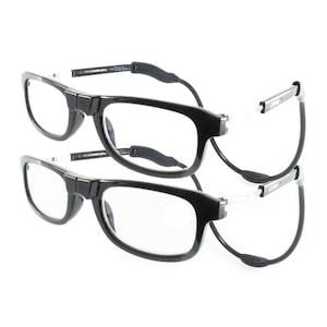 May include: Two pairs of black reading glasses with clear lenses and flexible, black rubber temple tips. The glasses have a spring hinge and a clear, flexible strap that connects the temples.