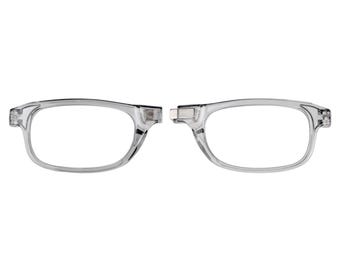 May include: A pair of clear, rectangular eyeglasses with a translucent frame. The glasses are shown in two separate pieces, with the lenses and frames visible. The design is modern and minimalist.
