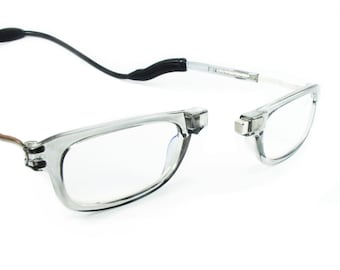 Gafas de lectura magnéticas Loopies de alta calidad "Fáciles de encontrar, difíciles de perder" Gris transparente