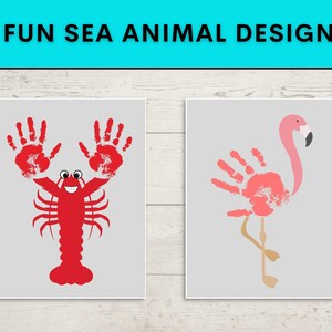 May include: Two handprint art designs for kids. The first design is a red lobster with two handprints for the claws. The second design is a pink flamingo with one handprint for the body.