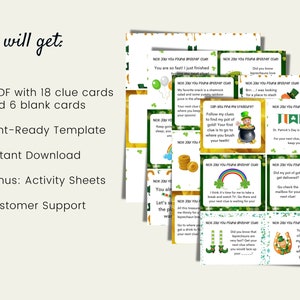 May include: A printable St. Patrick's Day scavenger hunt game with 18 clue cards and 6 blank cards. The game includes a printable template, instant download, and bonus activity sheets. The image shows a variety of clue cards with illustrations of leprechauns, rainbows, and pots of gold.