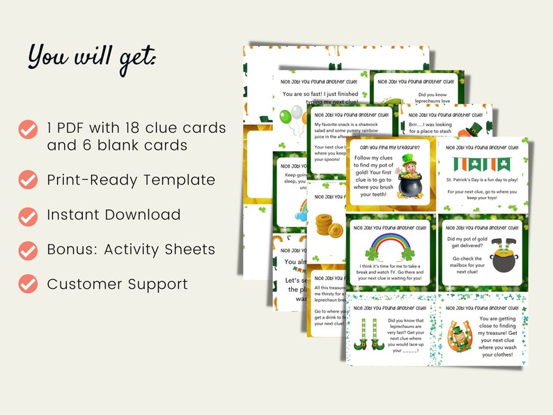 May include: A printable St. Patrick's Day scavenger hunt game with 18 clue cards and 6 blank cards. The game includes a printable template, instant download, and bonus activity sheets. The image shows a variety of clue cards with illustrations of leprechauns, rainbows, and pots of gold.