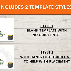 May include: Two printable St. Patrick's Day handprint templates. The first template is blank. The second template includes hand and foot guidelines to help with placement.