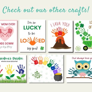 May include: A set of printable cards featuring handprint art for different occasions. The cards include designs for Mother's Day, St. Patrick's Day, and other holidays. The cards feature phrases like "Best Mom Ever!" and "I'm so Lucky to be Loved by You!"