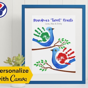 EDITÁVEL Tweet da vovó corações dois pássaros handprint arte | Presente de dia dos avós para a vovó | Arte personalizada na parede da família