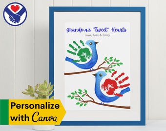 May include: A framed print with blue birds, each with a handprint for a wing. The text reads "Grandma's 'Tweet' Hearts" and "Love, Alex & Emily." The frame is blue, and the background is white.