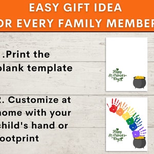 May include: Two printable St. Patrick's Day cards. The first card has a pot of gold and the text "Happy St. Patrick's Day". The second card has a rainbow made of handprints and the text "Happy St. Patrick's Day".