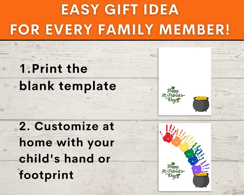 May include: Two printable St. Patrick's Day cards. The first card has a pot of gold and the text "Happy St. Patrick's Day". The second card has a rainbow made of handprints and the text "Happy St. Patrick's Day".