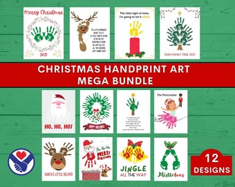May include: A set of 12 printable Christmas handprint art designs. The designs include a reindeer, a Christmas tree, a Santa Claus, a wreath, a candle, a nutcracker, a bell, and mistletoe. The designs are perfect for creating personalized Christmas crafts with children.