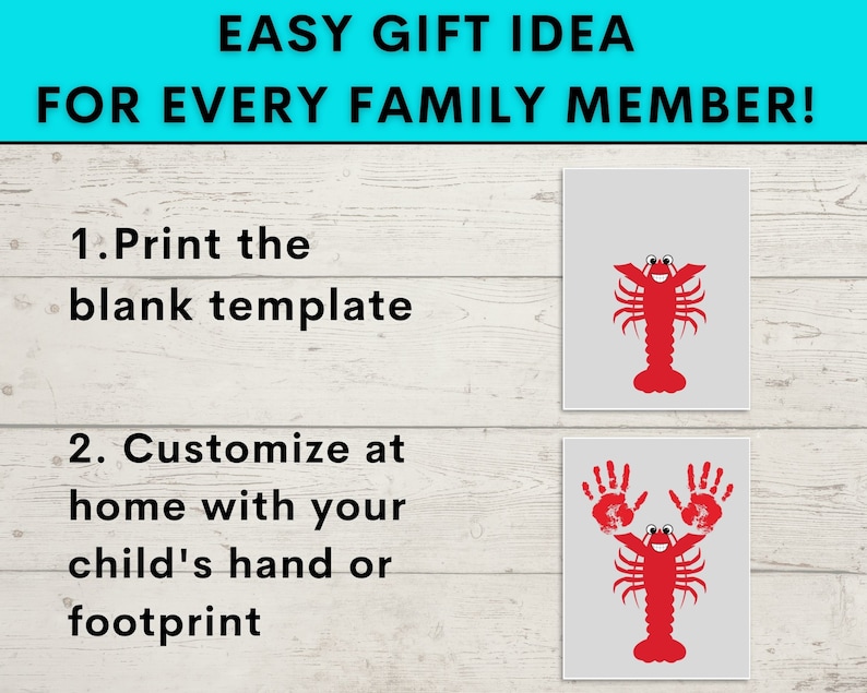 May include: A printable template for a lobster craft. The template shows a red lobster with a smiling face. The instructions suggest customizing the template with a child's hand or footprint.