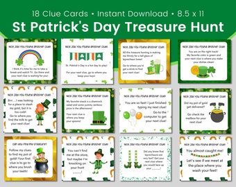 St Patricks Day Scavenger Hunt for Kids | Leprechaun Treasure Hunt Clues | Printable Games for Kids St Patricks Day Party