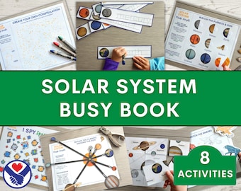 May include: A printable solar system busy book with eight activities for kids. The activities include creating a constellation, matching planets and the sun, rotating planets around the sun, and more. The book is designed to be fun and educational for children.