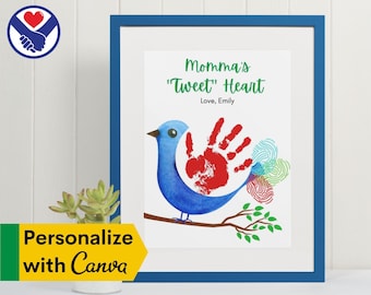 EDITABLE Mommy's Tweet Heart Bird Handprint Art | Gift for Mom | DIY Craft Kit for Kids | Personalized Family Wall Art