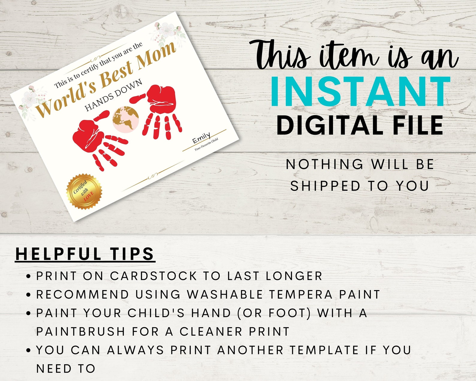 Mothers Day Handprint Art | World's Best Mom Hands Down Certificate ...