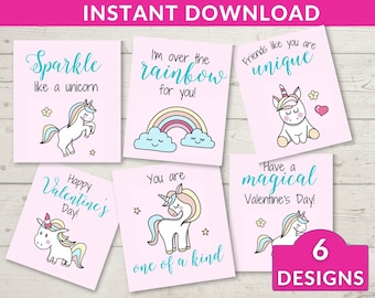 Unicorn Valentines Cards, INSTANT DOWNLOAD. Kids Valentine's Day Card, PRINTABLE, Valentine's Day Cards for Girls