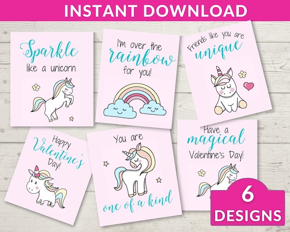 Unicorn Valentines Cards INSTANT DOWNLOAD. Kids