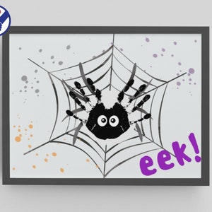 Pode incluir: Uma aranha preta com olhos saltitantes senta-se numa teia branca com salpicos roxos e laranja sobre um fundo branco. O texto "eek!" está escrito em roxo abaixo da aranha.