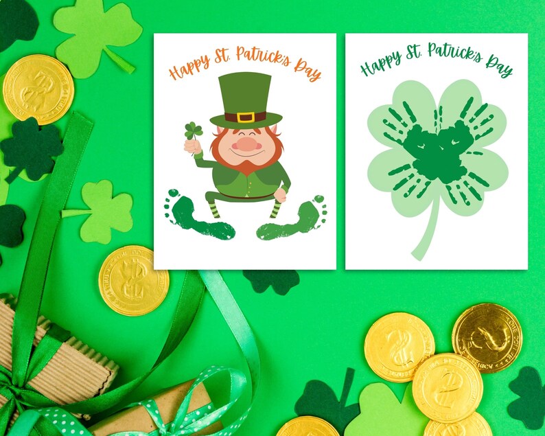 May include: Two printable cards for a St. Patrick's Day craft. One card features a cartoon leprechaun with green clothing and a hat, and the other card features a green shamrock. Both cards have the text "Happy St. Patrick's Day".